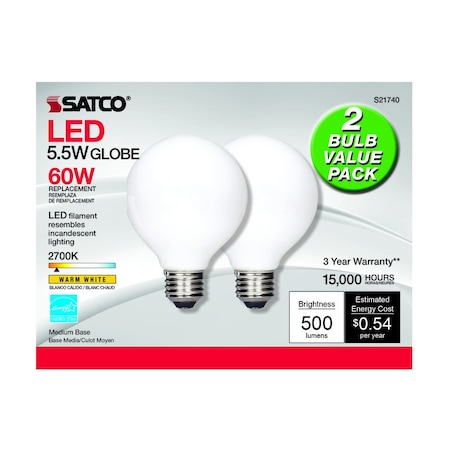Satco Satco G25 E26 (Medium) LED Bulb Warm White 60 Watt Equivalence 2 pk S21740